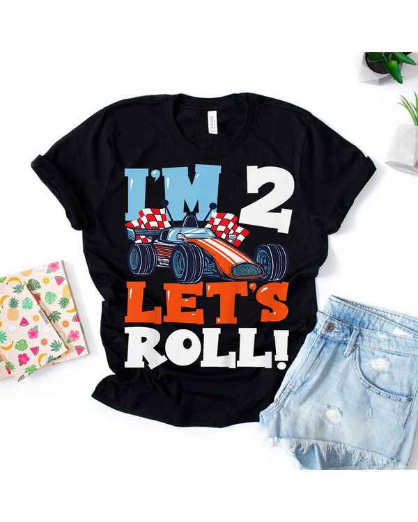 Kids Race Car 2nd Birthday I'm 2 Let's Roll Racing Party Shirt